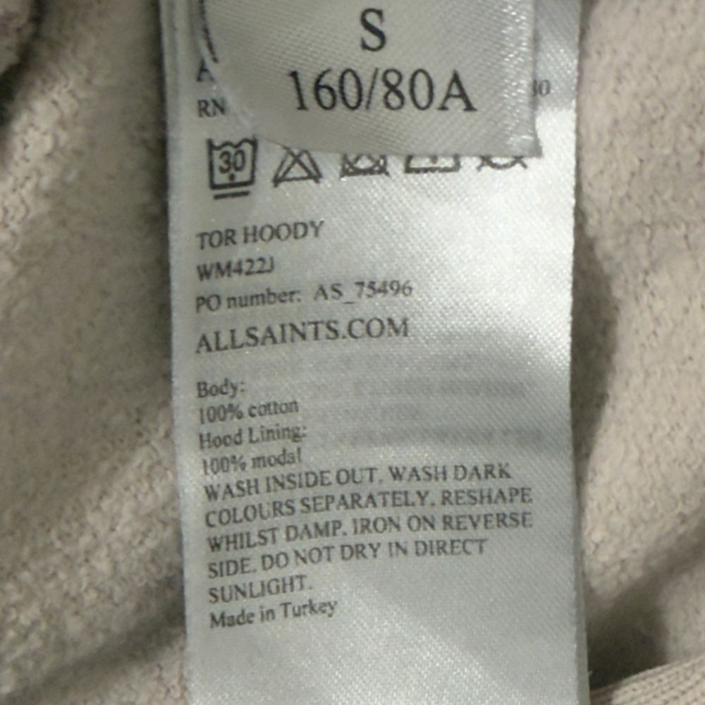 AllSaints Oversized Tor Hoodie Unisex S/M Beige Cotton Modal Lined Minimalist‎ - Picture 5 of 13